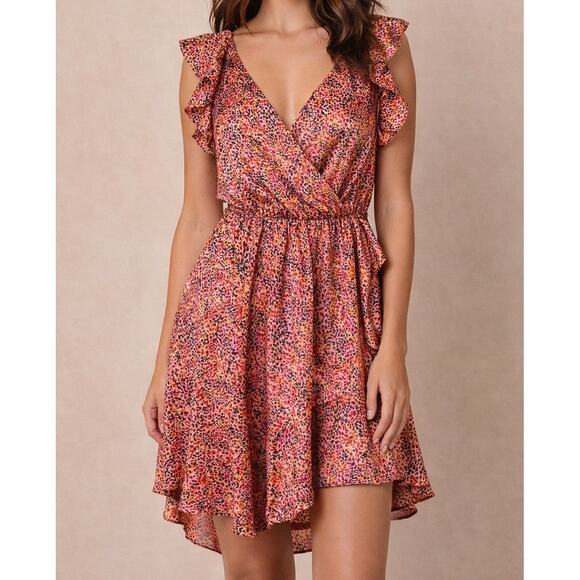 Express Dresses & Skirts - Express Pink Abstract Print Ruffle Faux Wrap Dress Size S/M